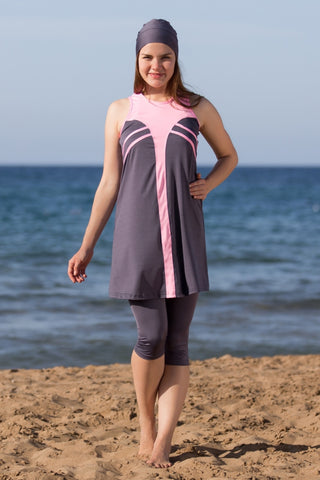 Adabkini Eylul, modest top and legging, 3-piece semi-covered swimwear w swimming cap, short leggings