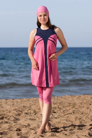 Adabkini Eylul, modest top and legging, 3-piece semi-covered swimwear w swimming cap, short leggings - AdabKini
